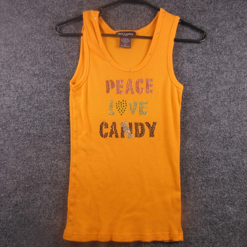Get Lucky Tank Top Juniors Medium Orange‎ Peace Love Candy Rhinestone Graphic